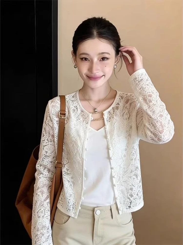 Women Lace Coat 2026 New Fashion Elegant OL White Sunscreen Jacket Spring High Quality Casual Micro Transparent Cardigan Top