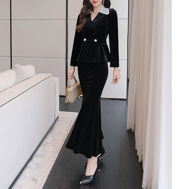 

TIYIHAILEY Free Shipping Long Maxi Velvet Skirt Women S-2XL Mermaid Style Fish Tail Turn Down Collar Full Sleeve Tops One Set