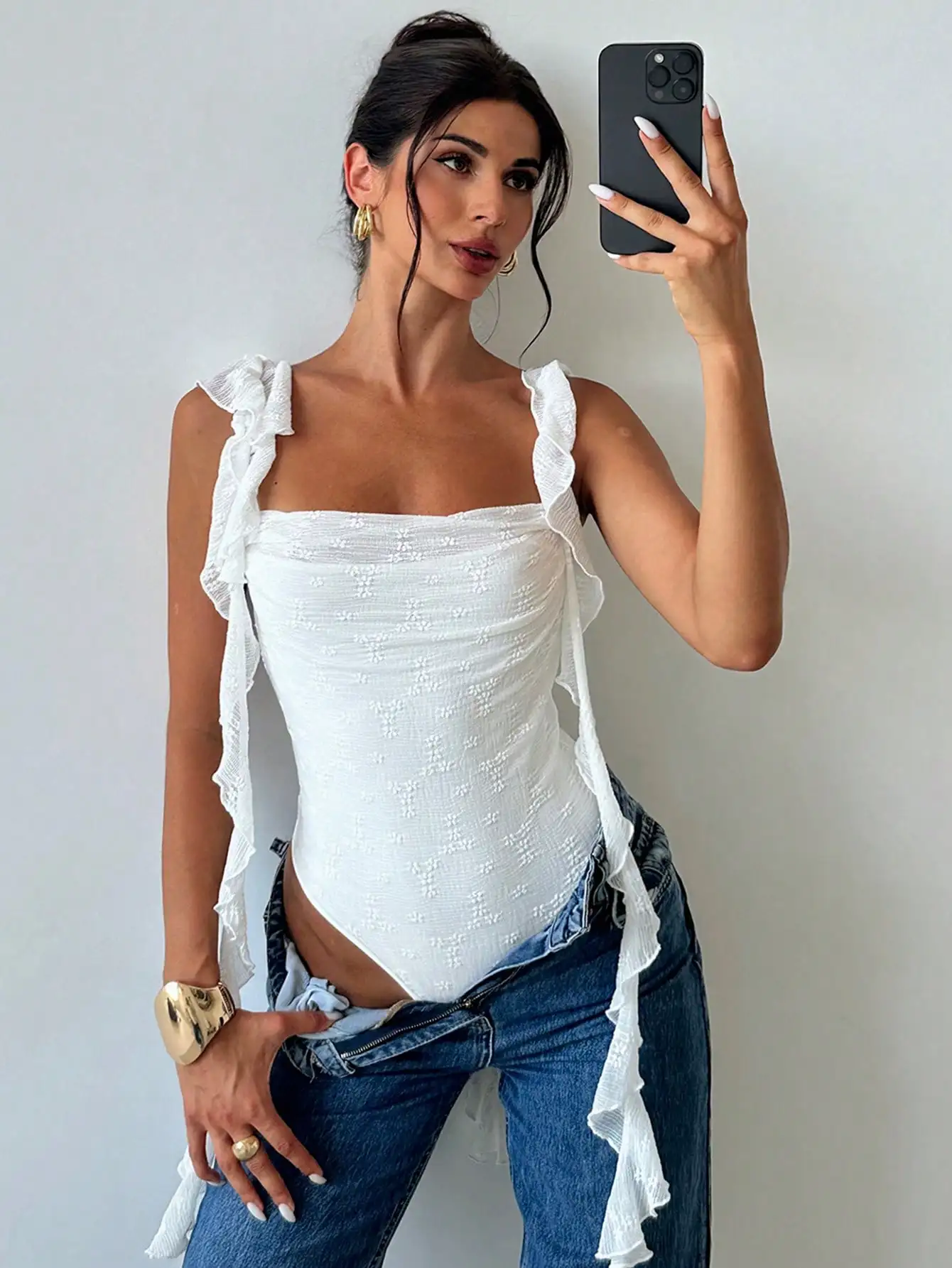 

Summer New European and American Spice Backless Fashion Ruffled Shoulder Strap Mesh Slim-fit Solid Color Onesie