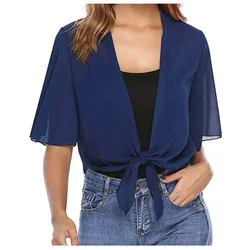 Women's solid color chiffon rope knot tops women's summer fashion V-neck chiffon tops summer outfits for women 2023