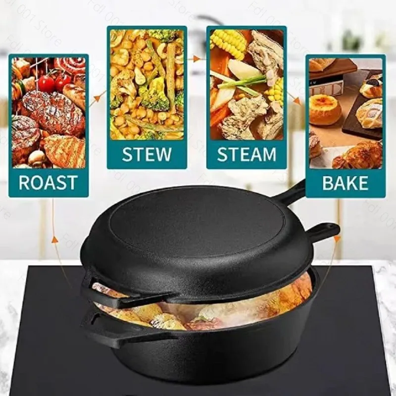 2-in-1 Vorgefertigter Gusseisen-Dutch-Oven 10 Zoll Tiefe Pfanne und Bratpfanne zum Kochen, Backen, Brotbacken 3QT Kochgeschirr-Set