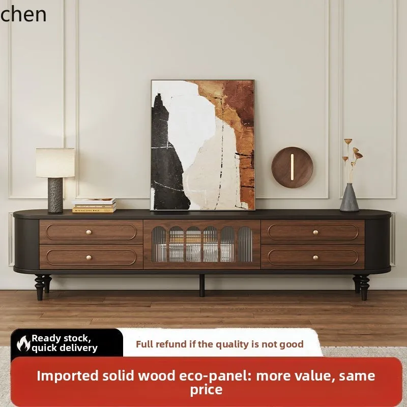 YFY French Style TV Cabinet Vintage Mid-Century Style Solid Wood TV Cabinet Coffee Table Set for Living Room Home Use