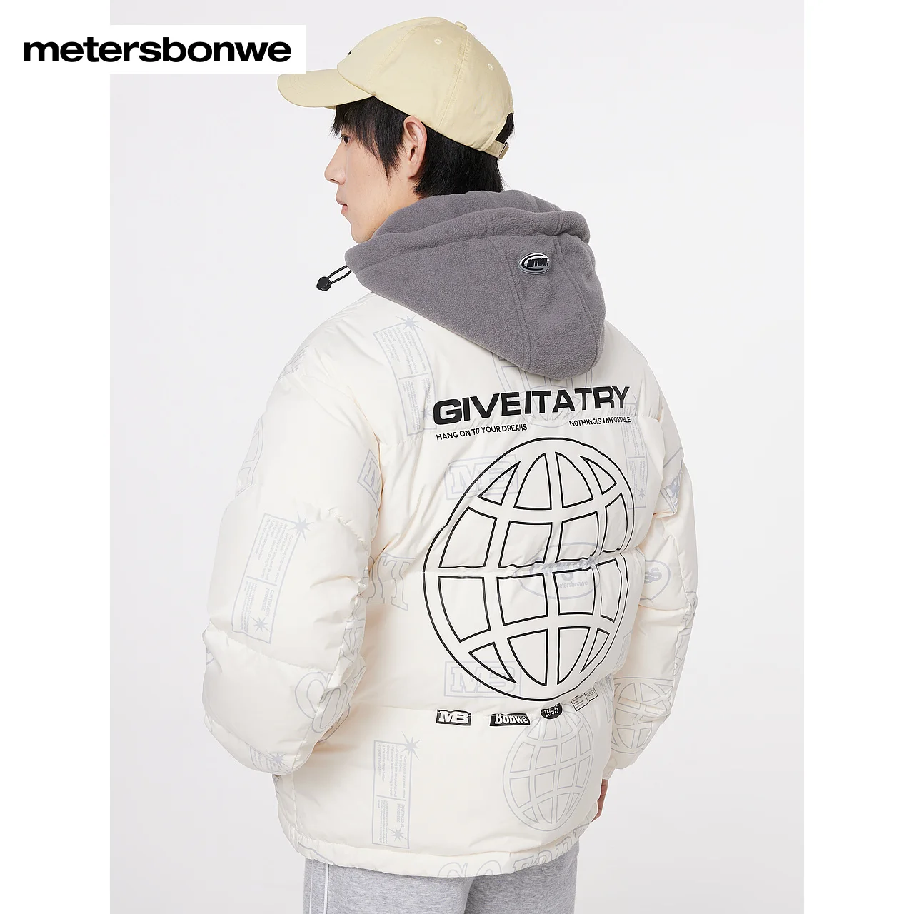 

Metersbonwe-Men Stand Up Collar Splicing Printed Down Jacket Detachable Hooded 90%Duck Down Puffer Coat Youth Teenager Casual