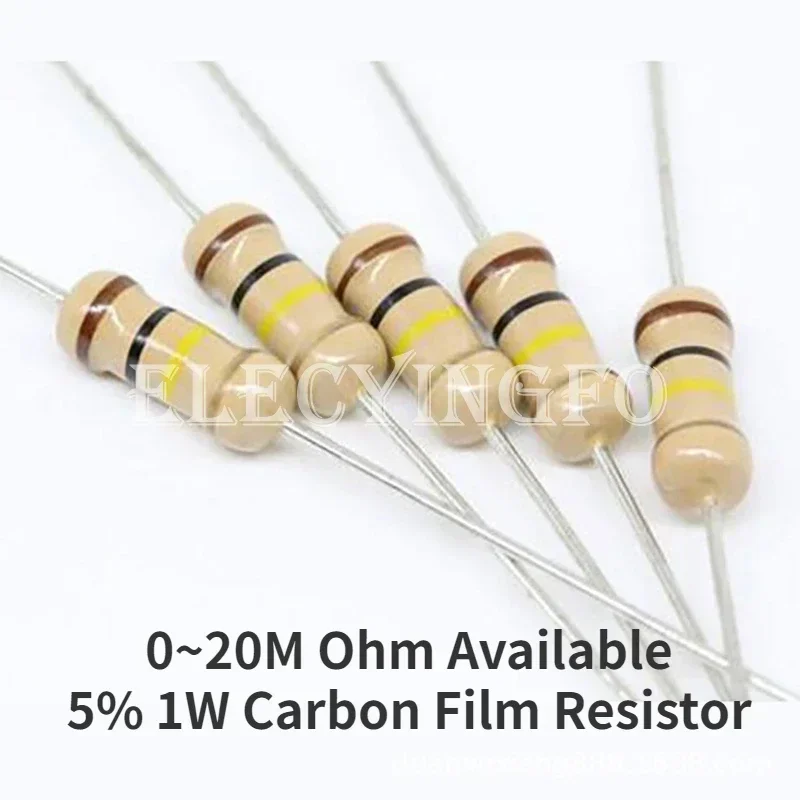 20PCS 1W Carbon Film Resistor 5% 0R-20M 1K 10K 4K7 20K 100K 200K 560K 1M 10M Ohm Color Ring Resistance 1R 10R 47R 100R 220R 500R