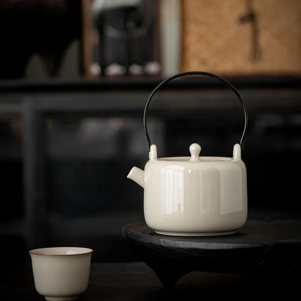 250ml Retro Grass Wood Ash Ceramic Teapot Handmade Hoop Handle Beam Pot Tea Soaking Kettle Drinkware Accessories Collection Gift image 4