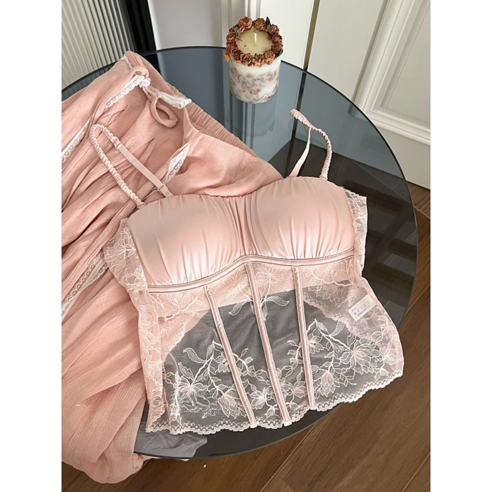 BANERDANNI French Style Lace Satin Long Women Bra Push‑Up For Small Chest Wireless Open Back Sexy Brassiere Summer Underwear