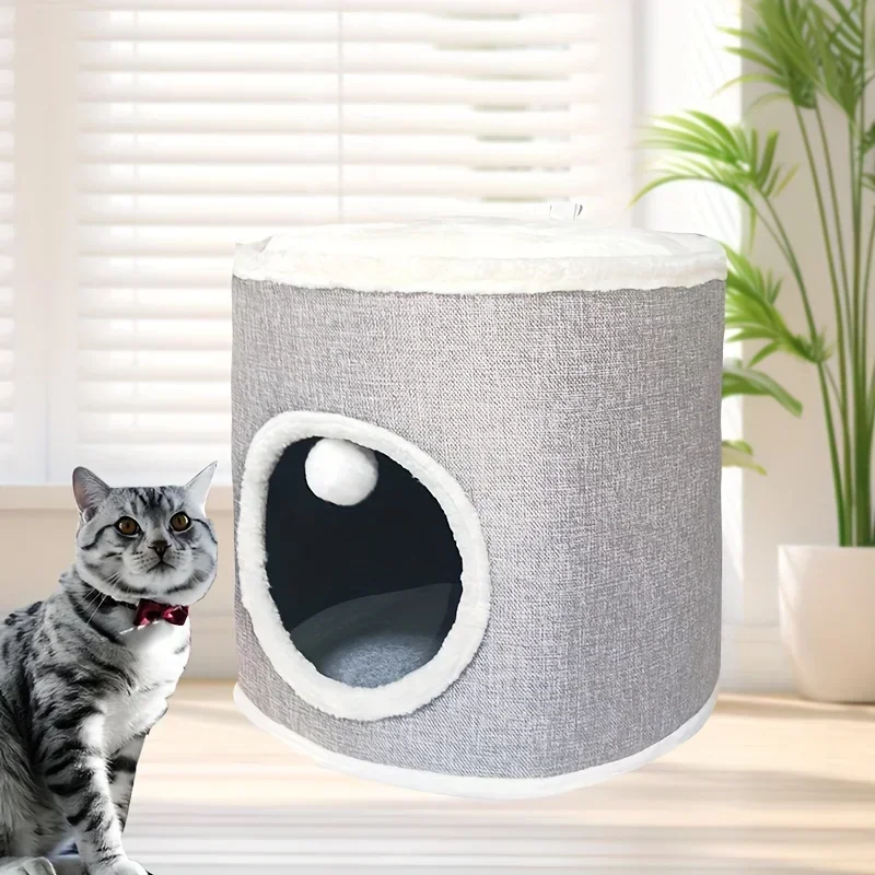 

Large Cat Bed with Fluffy Ball Hanging and Scratch Pad Double Layered Foldable Cat Beds for Indoor Cats Sleeping Pet Accessories