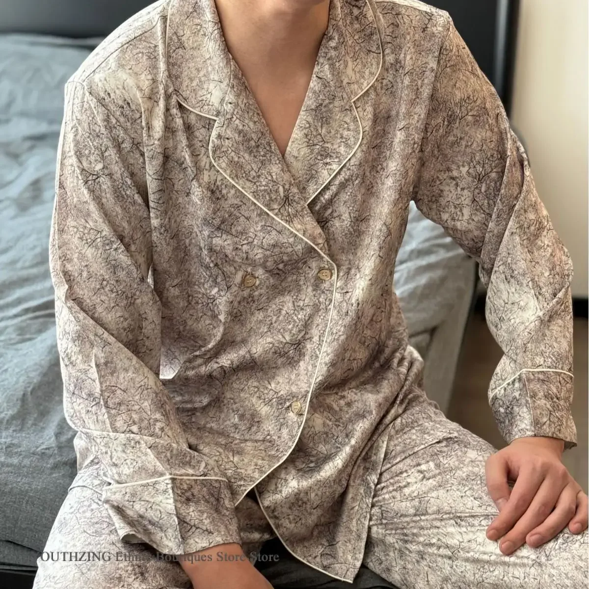 Couple Pajamas Set Fashion Print Long Sleeve Trouser Suits Home Clothes Spring Summer New Men Sleepwear Loose Satin Loungewear