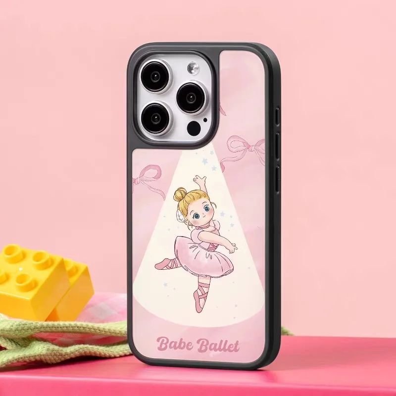 Ins Ballet Girl Pink Illustration Black Frame  Case for IPHONE 16 15 PRO MAX 14 13 PRO 13 PRO MAX 11 Acrylic Mobile Phone Cases