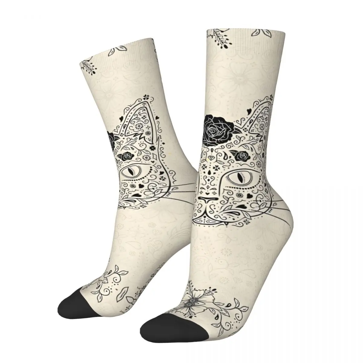 

Забавные мужские носки с сахарным черепом и котом черного и бежевого цвета в стиле ретро, уличный стиль, повседневные носки для экипажа, подарочный узор с принтом