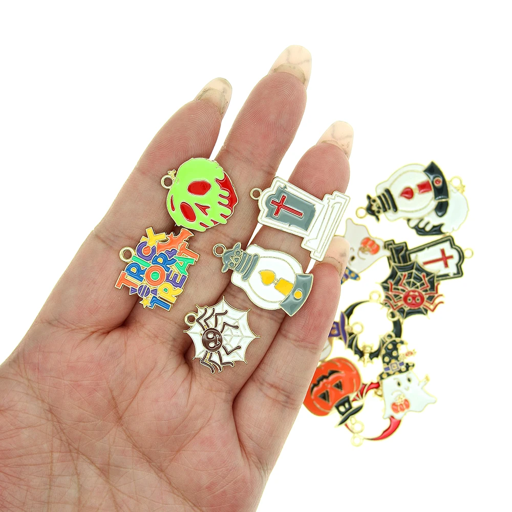 10pcs Halloween Enamel Gold Charms Tombstone Oil Light Bat Skeleton Ghost Pumpkin Pendants for DIY Jewelry Making Trick or Treat