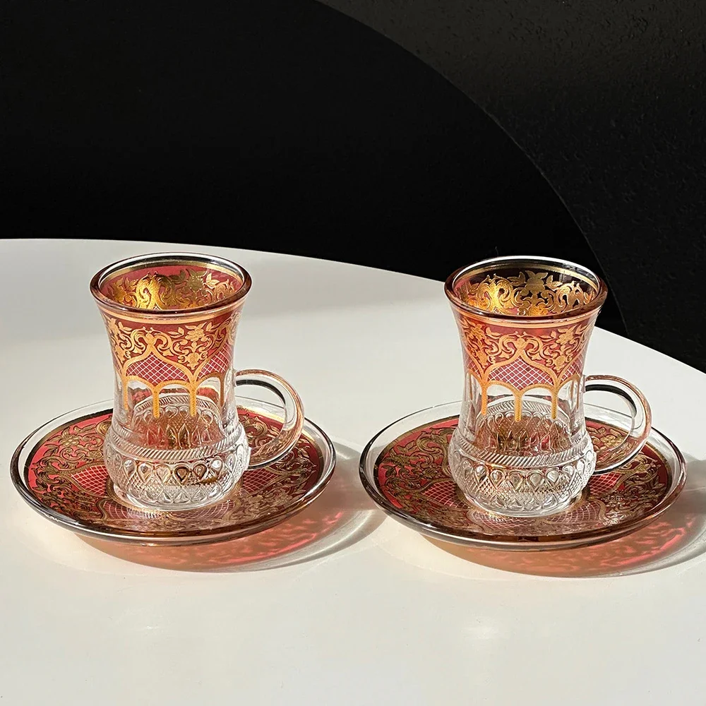 Retro Turkish Coffee Cup, Exotic Glass Black Tea Cup, Household Cafe Pyrography Coffee Mug and Saucer Set, 80ml