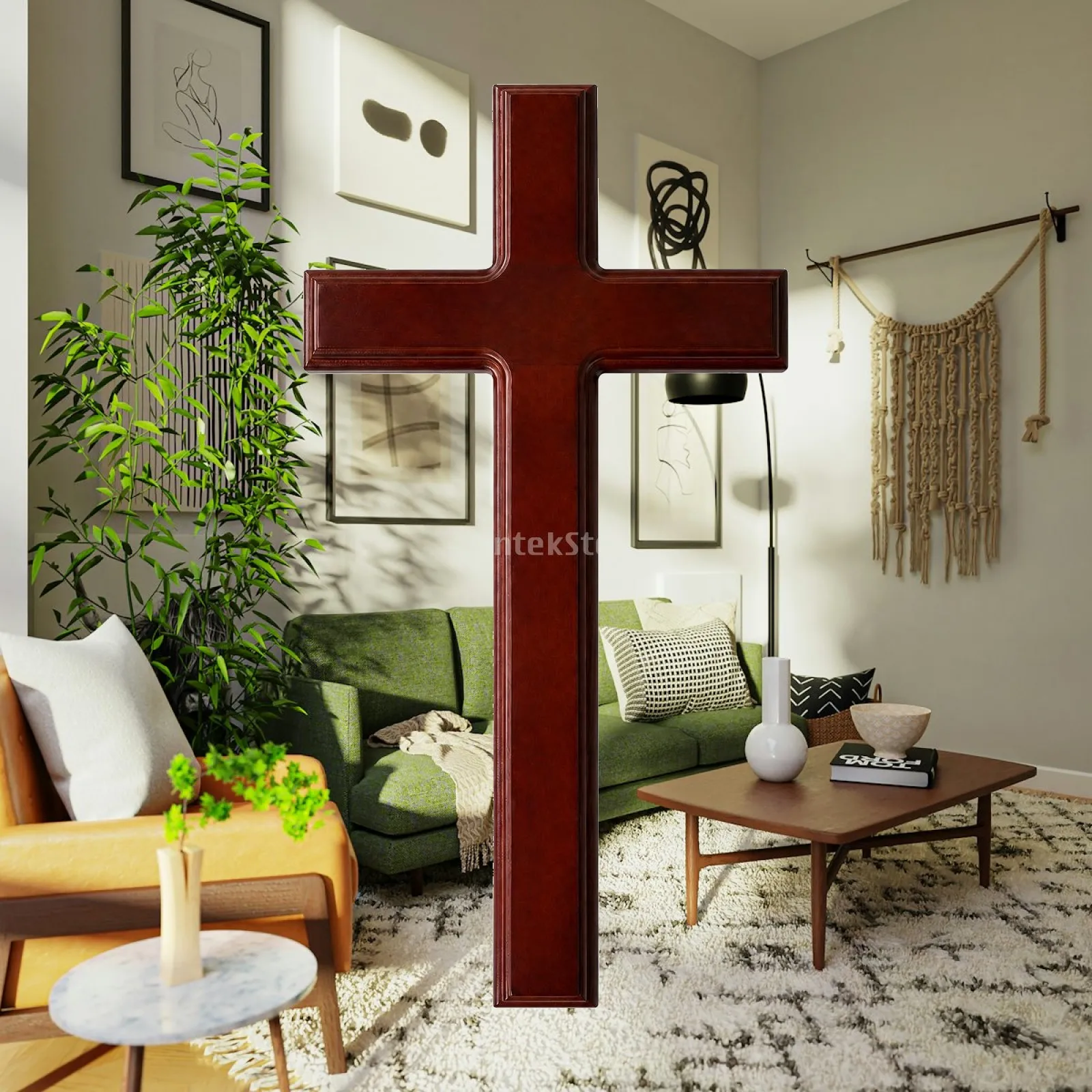Traditional Wooden Wall Cross Beech Wood Mahogany Color Carved in Wood for Home Chapel Decorative Art for Peaceful Contemplation