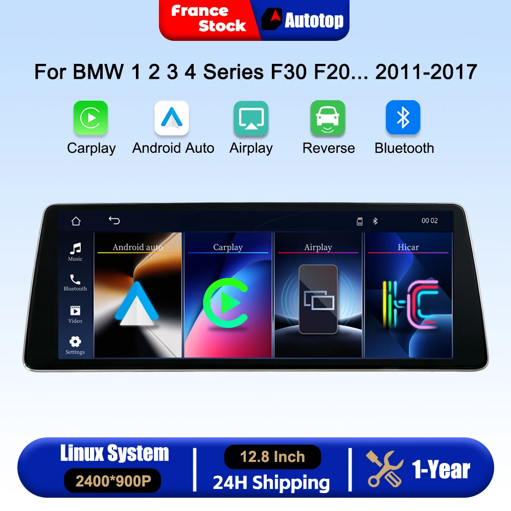 12.8 pouces 2400 * 900P sans fil CarPlay Android Auto pour BMW 1 2 3 4 Série F20 F21 F23 F30 F31 F32 F33 F34 F36 NBT Système 2011-2017 Smart Car Radio Multimédia GPS Navigation Autolink Navi Mirror Link AirPlay Écran tactile