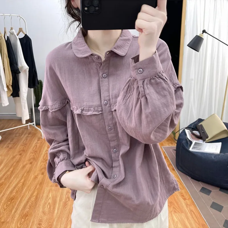 Lantern Long Sleeve Shirts Women Ruffles Peter Pan Collar Vintage Fashion Korean Style Leisure All-match Ladies Spring Cloth