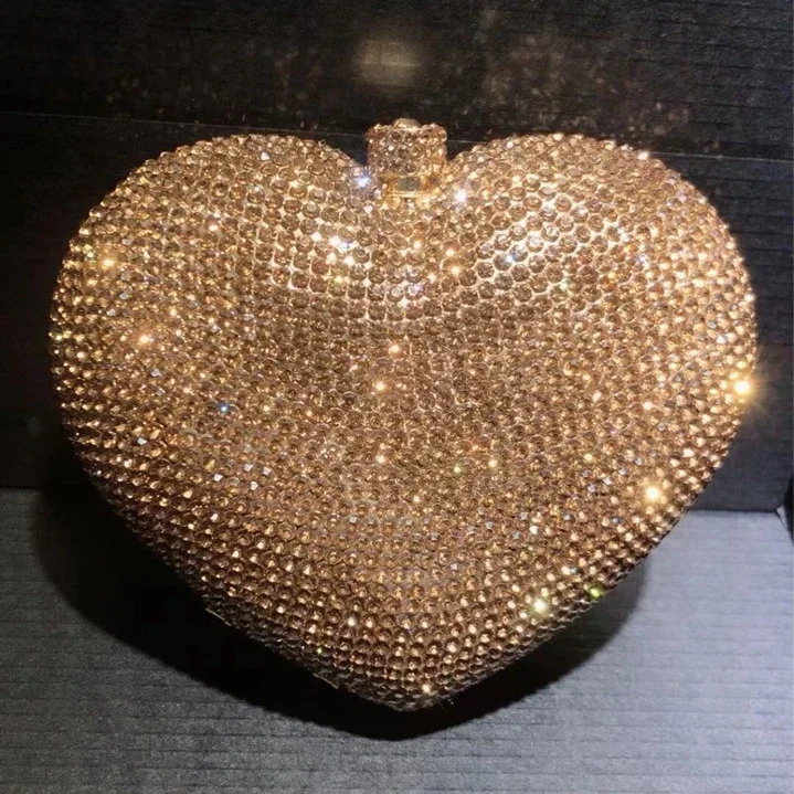 

Women Gold/Pink/Black/Red/Silver Heart Shape Crystal Clutch Bags For Wedding Evening Purses Party Bridal Rhinestones Purse