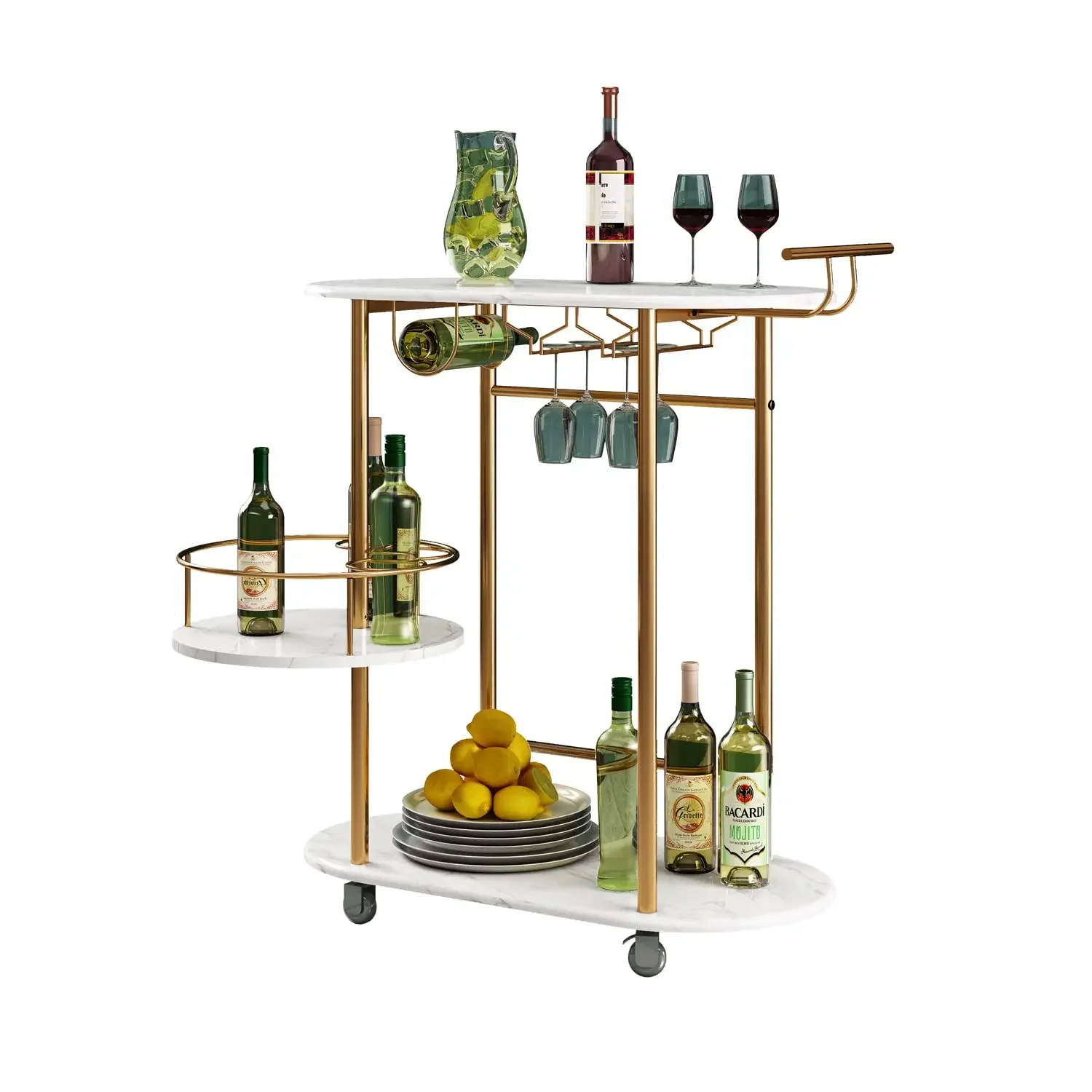 Gold Bar Trucks With 3-Tier Storage Swivel Shelves, Mobile Bar Serving Truck With Wine Rack And Glass Holder, For The Home