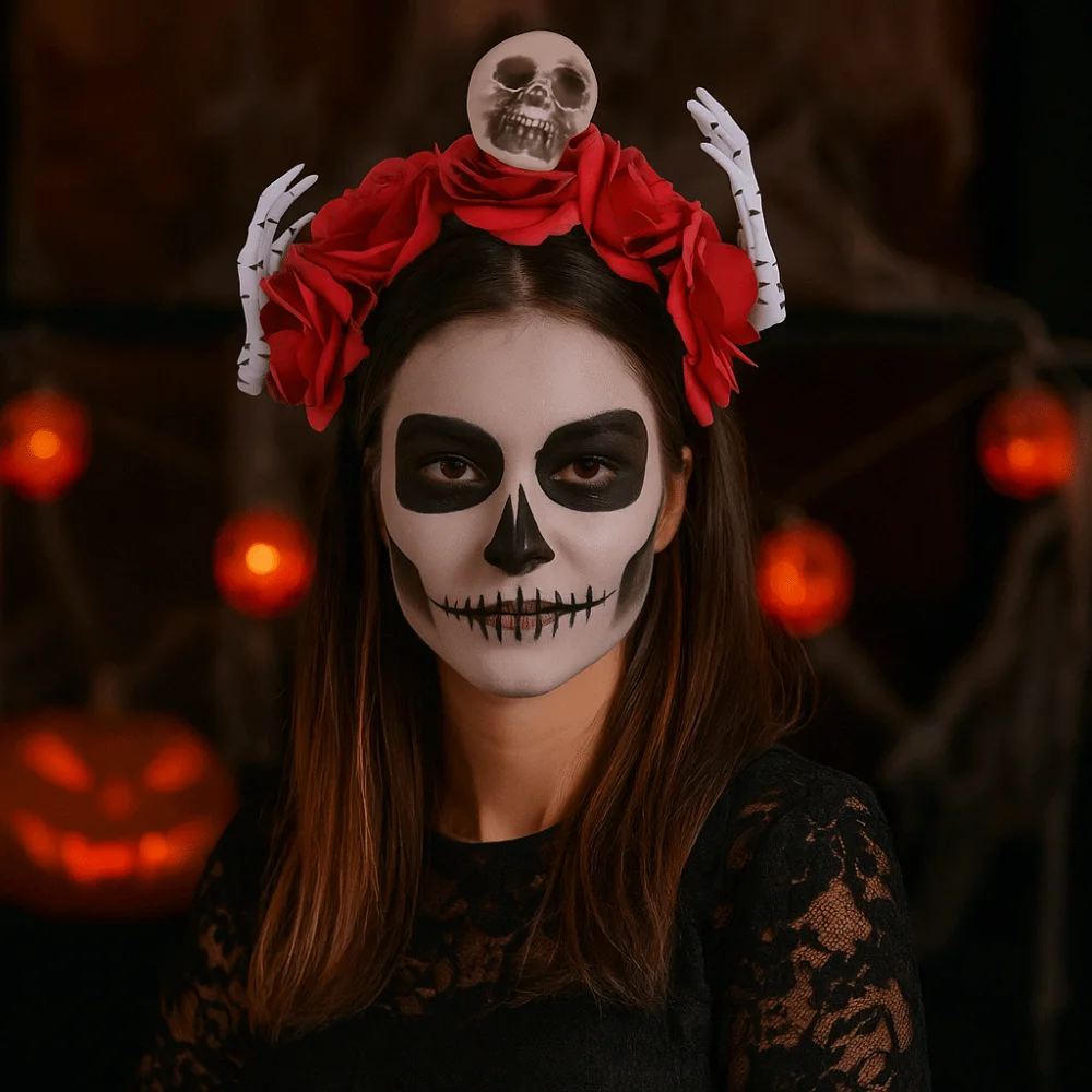 

Rose Flower Halloween Headband Skull Bat Branch Hair Hoop Photographic Props Non-slip Halloween Flower Crown