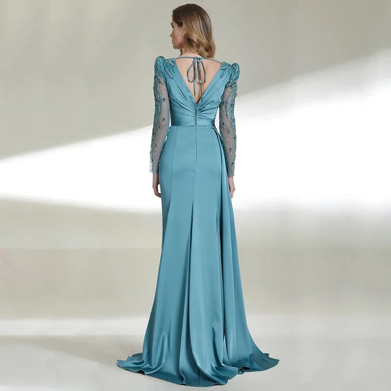 Robes de soirée personnalisées bleu ciel pour femmes, perles, manches longues, luxe, quel que soit le col en V, fente latérale, satin, robe d'invité de mariage, 2023