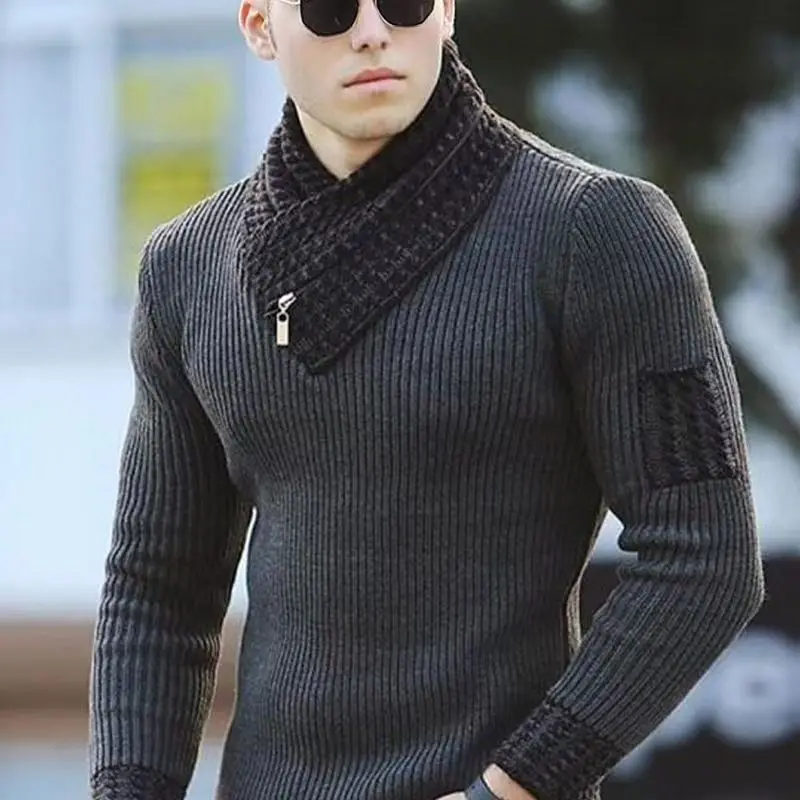 

2025 Men's Slim-Fit Pullover Sweater With Long Sleeves Scarf Collar For Warmth And Comfort In Autumn And Winter