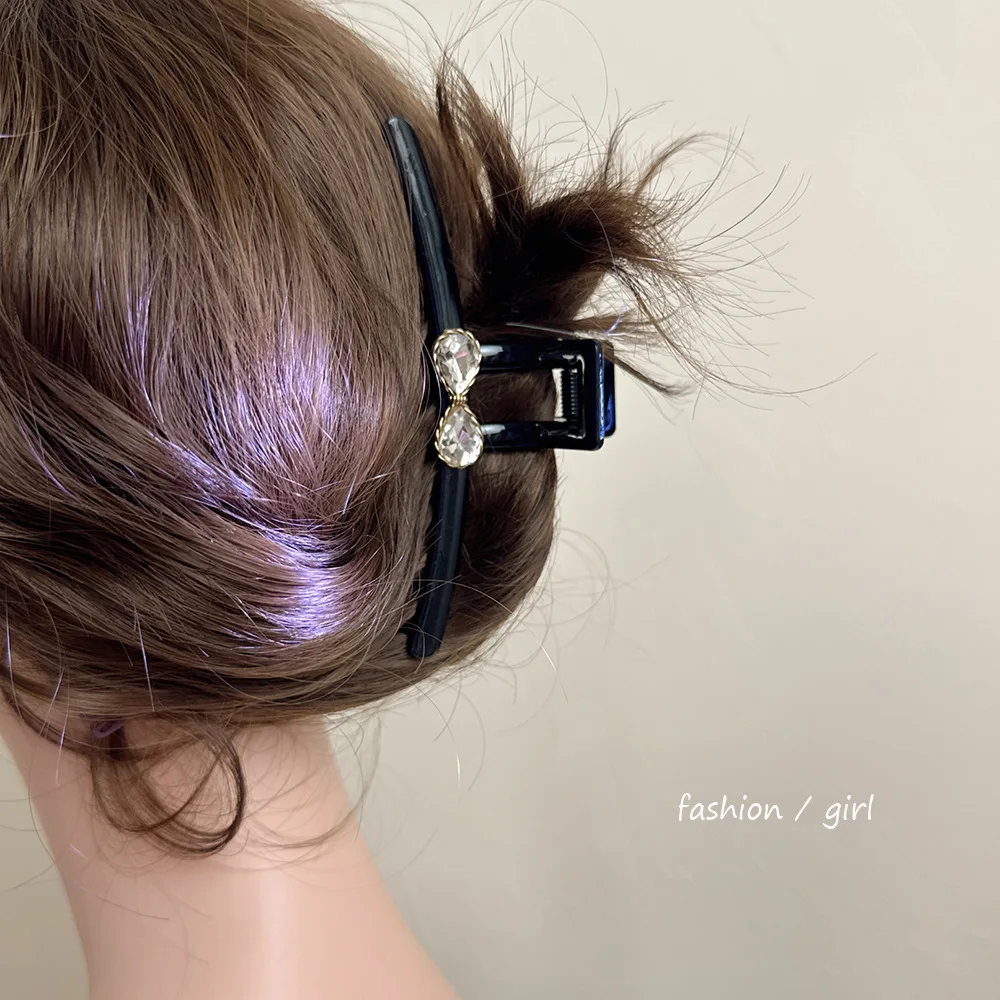 Rhinestone Bow Hair Claw Clip Sparkly Premium Korean Style for Women Daily Summer Back Head Silver
