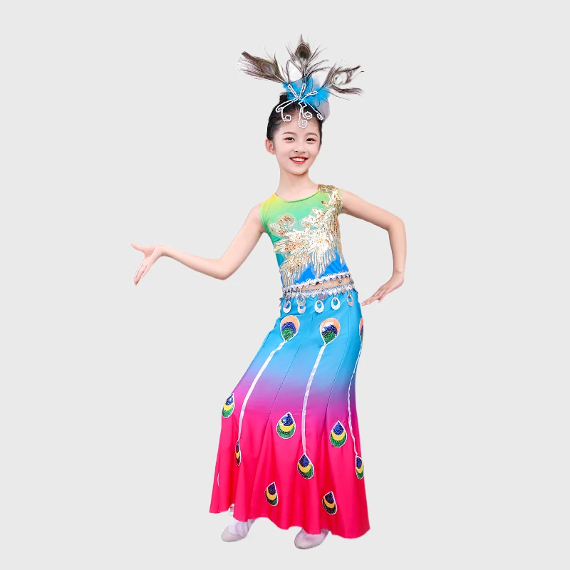 4 arten Pfau Dance Kostüm Für Mädchen Chinesische Traditionelle Kleidung Anzüge Dai Nationalität Anzüge Kinder