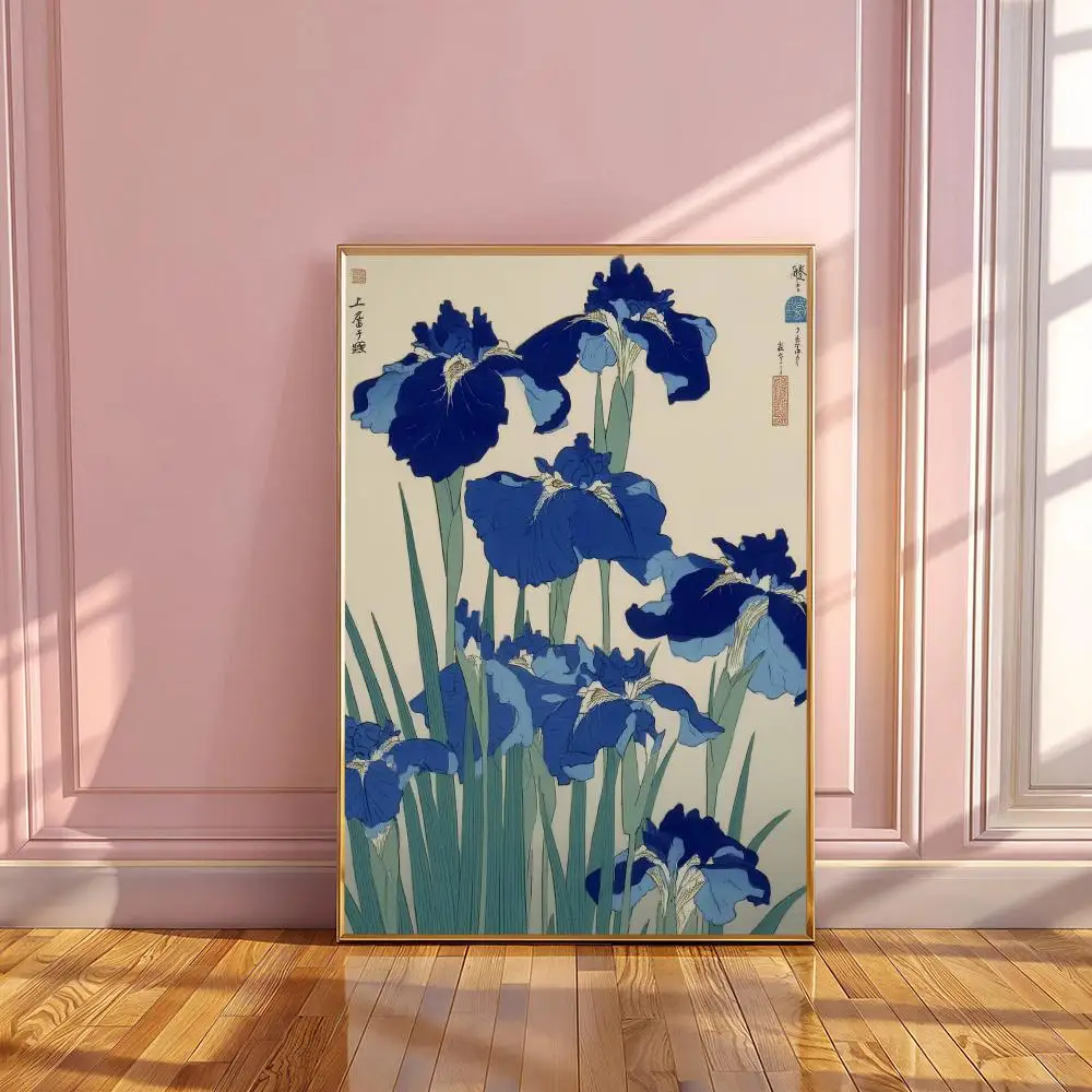 Blue Iris HD Wall Art Poster Elegant Ukiyo-E Japanese Flower Nature Illustration Timeless Understated Home Decor Gift
