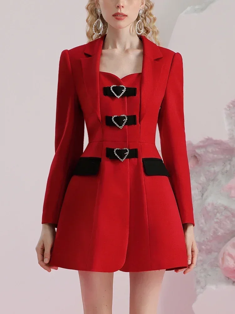 2023 inverno nuovo elegante temperamento rosso Mini abito ufficiale Design semplice amore colletto rovesciato donne vestono abbigliamento donna