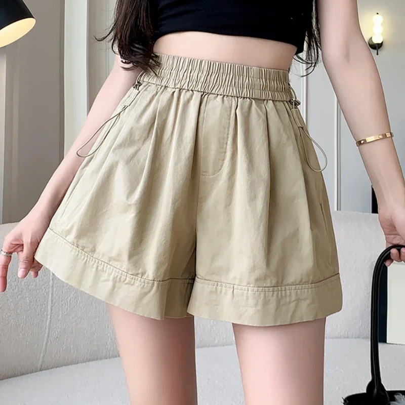 

Wide Leg Casual Shorts for Women 2024 New Summer Elegant Elastic High Waist A-line Solid Color Loose Shorts Female