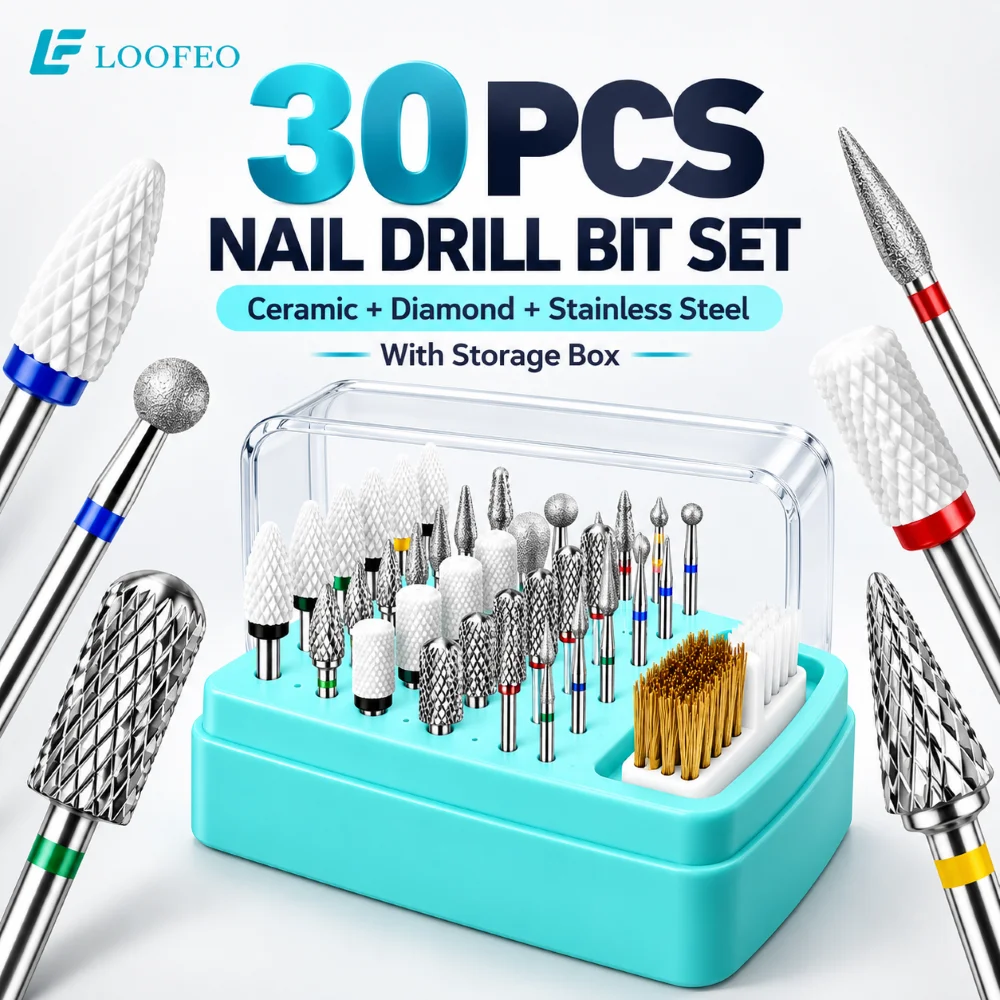30Pcs Nail Drill Bits Set Ceramic Diamond Stainless Steel 3 Materials 6 Shapes With Storage Box For Manicure Gel Removal Tool