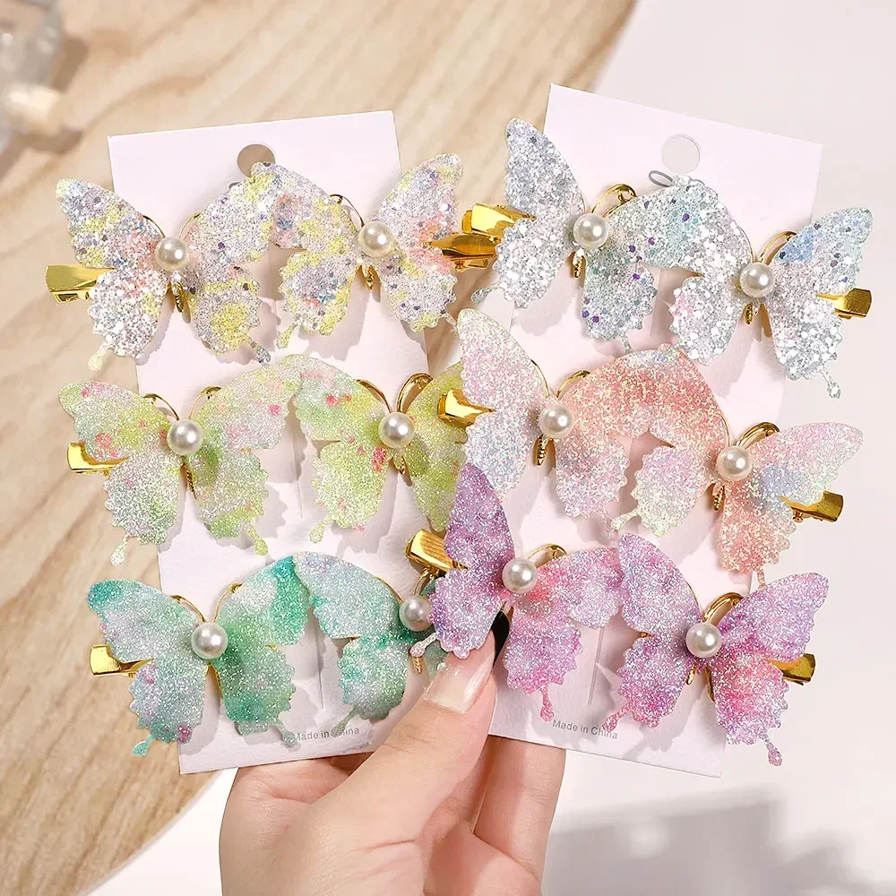 4/6Pcs Exquisite Sequin Butterfly Hair Clip Pearl Metal Bow Hair Bangs Hairgripes  Women Girl Fashionable Hair Accessories