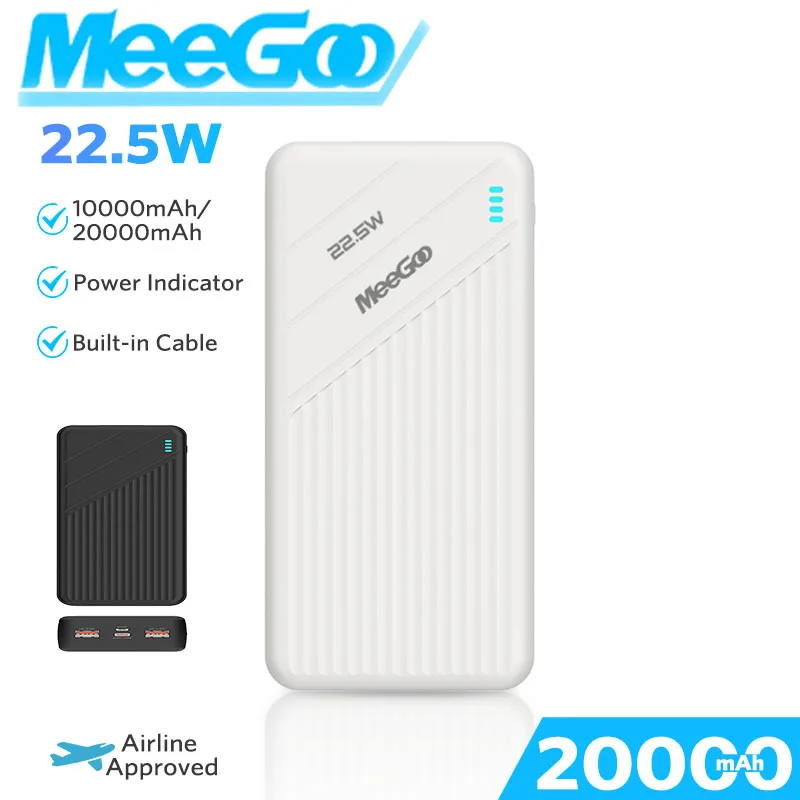 

MeeGoo 30000mah Power Bank 22.5W Fast Charging PB Large Capacity Portable Powerbank Built in 2 Cable For iPhone Samsung Xiaomi