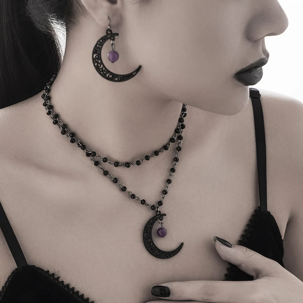 Crystal Bead Chain Necklace Cutout Moon Pendant Gothic Chic Durable Lightweight Versatile Jewelry for Women Night Out
