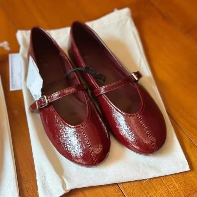Patent Leather Ballet Flats for Women, Spring French Vintage Shallow Mary Jane Shoes with Single Strap and Flat Sole