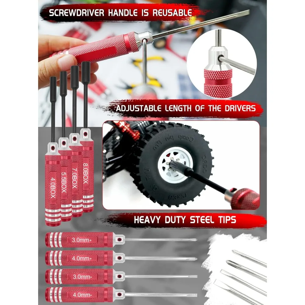 RC 공구 세트 드라이버 세트 (플랫, 필립스, 헥스) 금속 홀더, RC 작업대, 522PCS 나사 세트, 플라이어 세트, 바디 리머, 렌치