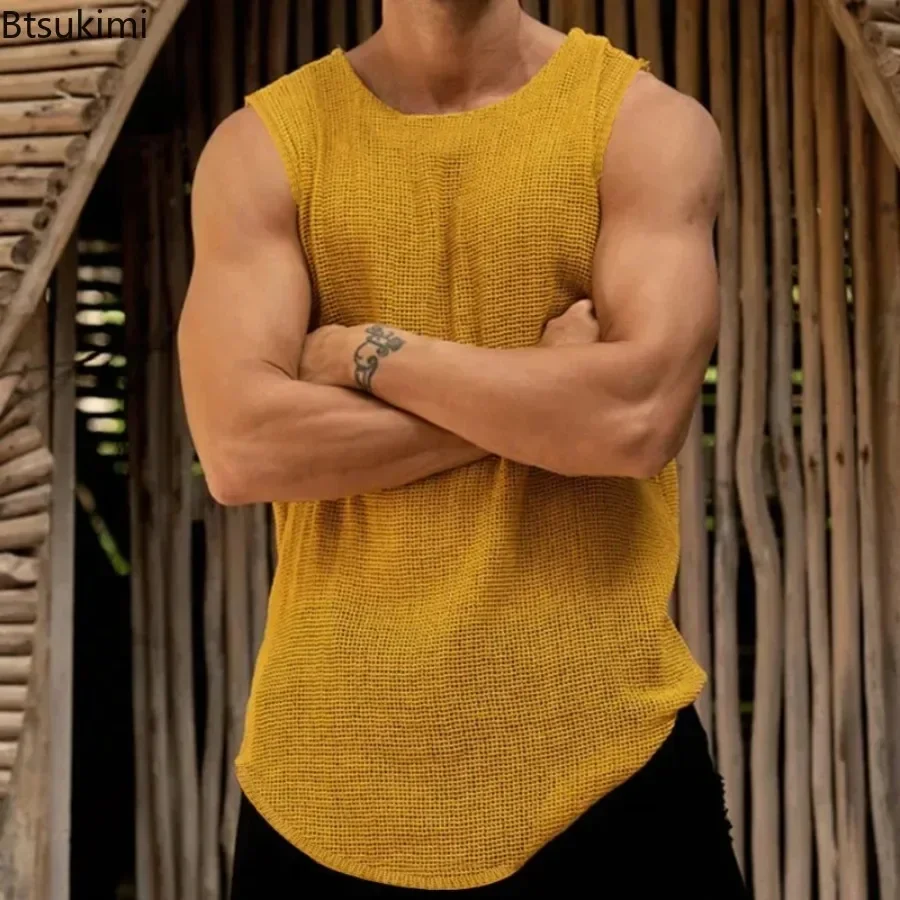 

2025 Men's Hollow Out Knitted Vests Summer Sexy Casual O-neck Knitting Pullovers Sleeveless Tops Trend Men Tank Tops Streetwear