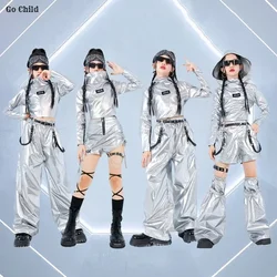 Girls K-pop Silver Crop Hoodies Shiny Cargo Pants Street Dance Shorts Kids Hip Hop Streetwear Children Jazz Hi Tech Clothes Sets