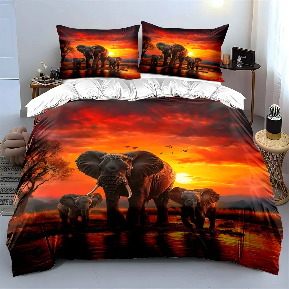 3pcs African scenery Elephant Herd at Sunset Print Bedding Set 1 Duvet Cover 2 Pillowcases for Adult and Children Luxury Gift