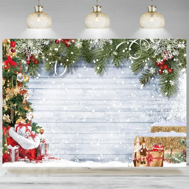 Christmas Backdrop Christmas Rustic Wood Photography Xmas Tree Snow Wall Background Xmas Party Family Party Banner Decoration