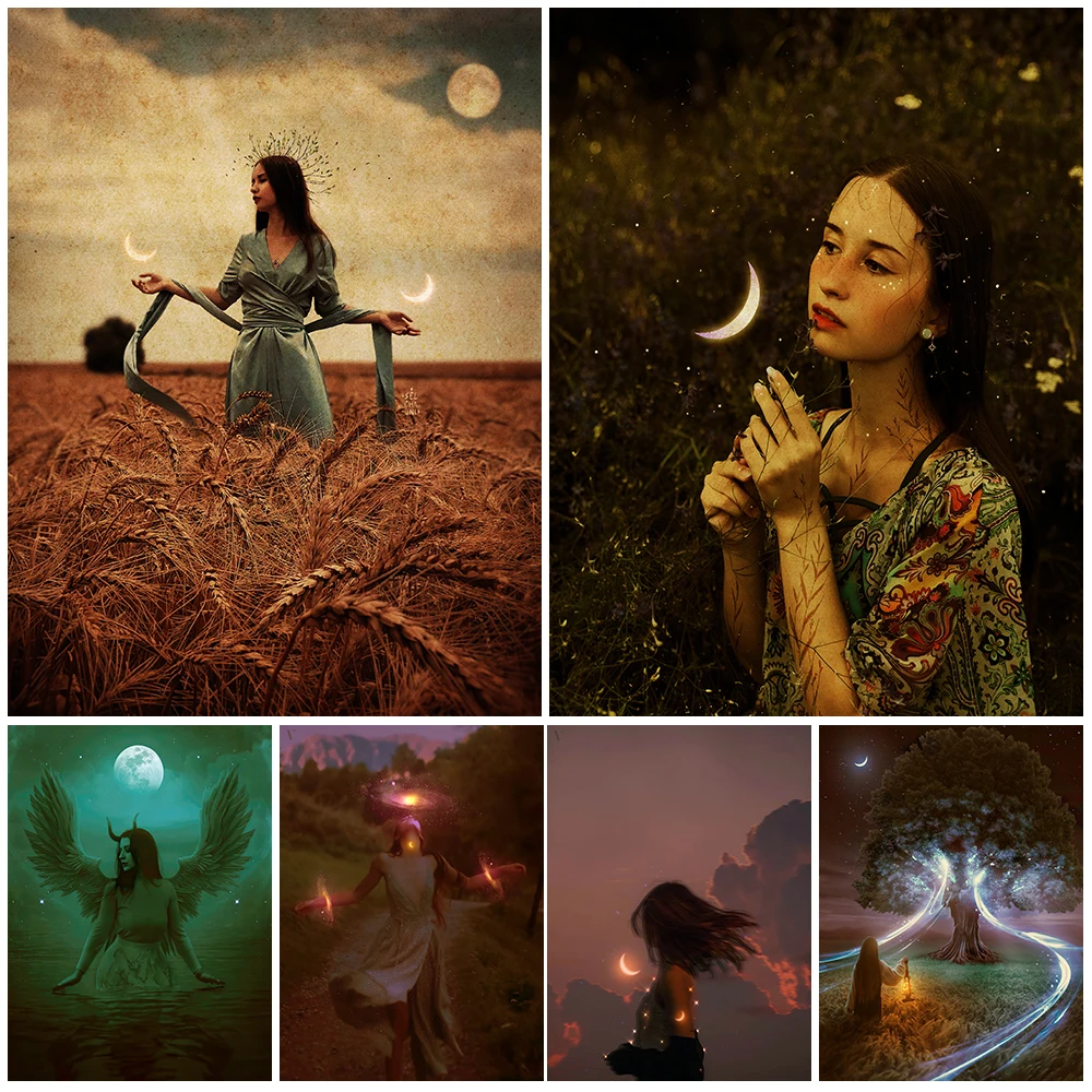 Chaman dama y árbol de los deseos cuadro sobre lienzo para pared Vintage la estrella Luna bruja póster artístico e impresión decoración del hogar sin marco