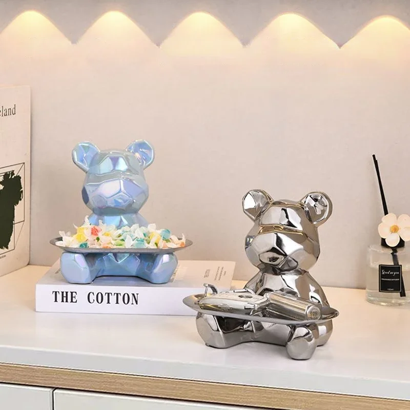 Ceramic Plating Geometric Bear Statue Piggy Bank with Storage Metal Tray Keys Cosmetic Storage Box Bookshelf Statue Decoration.