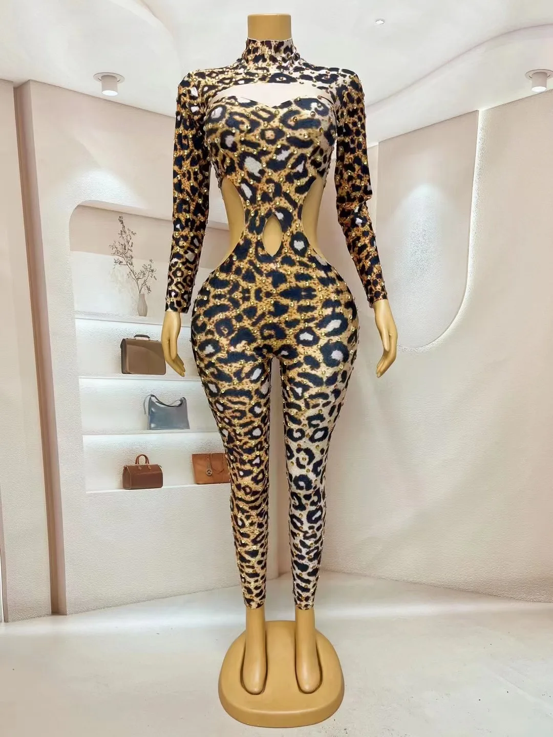 Sexy Stage Leopard Gold Rhinestones Bodysuit Spandex Hollow Waist Jumpsuit Outfit Birthday Party Dance Photoshoot Collections