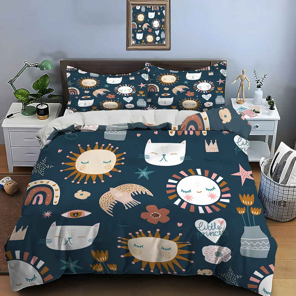 

3PC Cartoon sun and rainbow pattern Bedding Set 1 Duvet Cover 2 Pillowcases for Adult and Children Luxury Gift Full Size