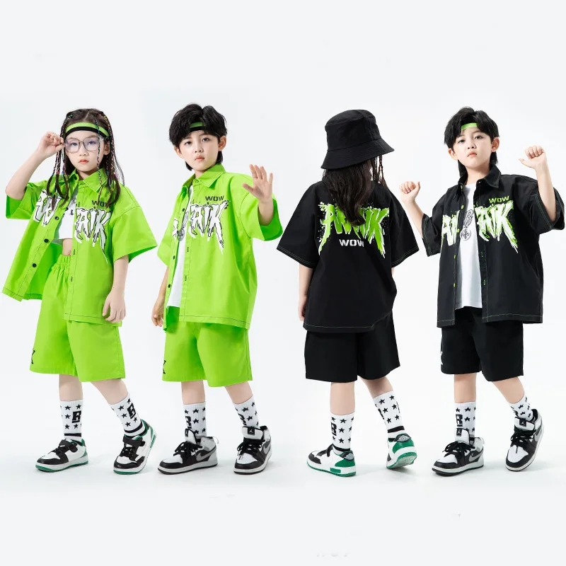 Ropa de Hip Hop para chico, camisa de manga corta de algodón verde y negro, pantalones cortos informales anchos de verano para niña y niño, traje de baile de Jazz