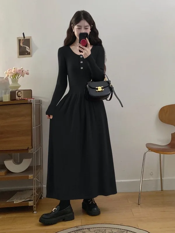 

Ele Bla Long Sve Women's Dr Spring 2026 High Waist Slim Fit Knitted Casual Sle plus Size Base Layer Skirt