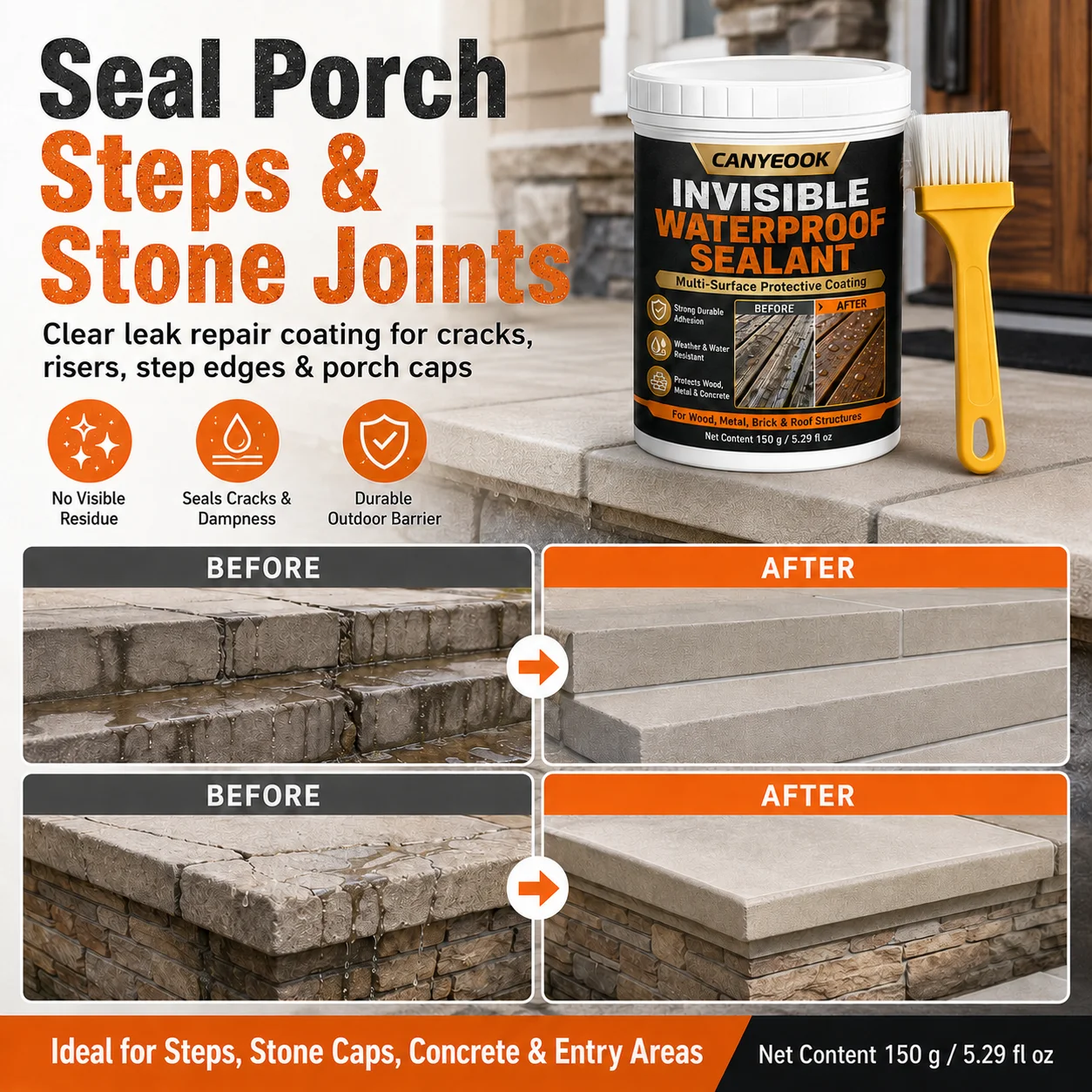 150g Transparent Leak Repair Sealant, Invisible Waterproofing Coating for Outdoor Indoor, Multi-Surface Protection