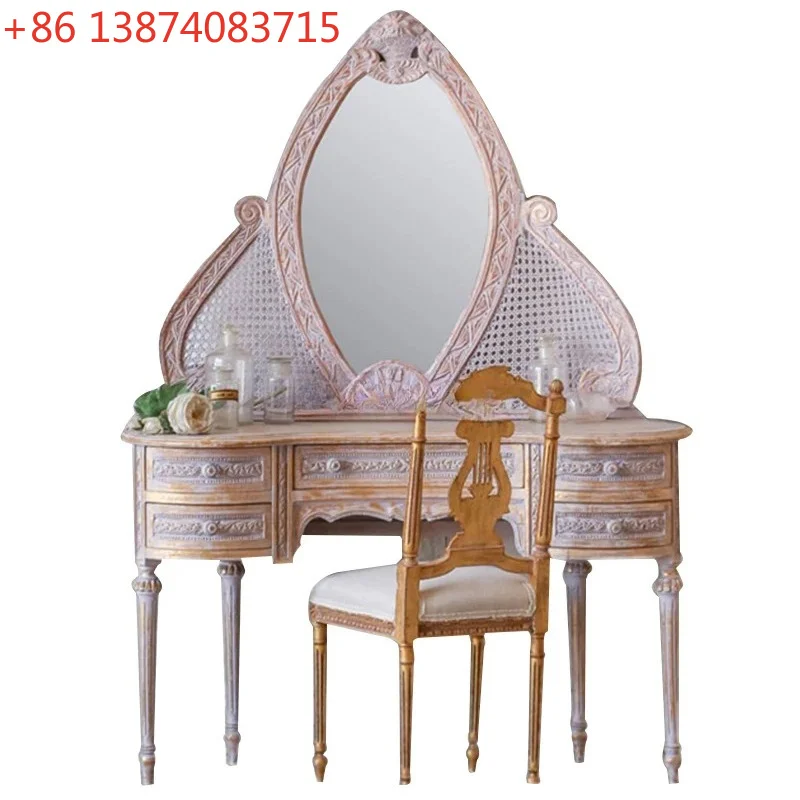 European dresser solid wood retro nostalgic rattan art curved small apartment makeup table mini