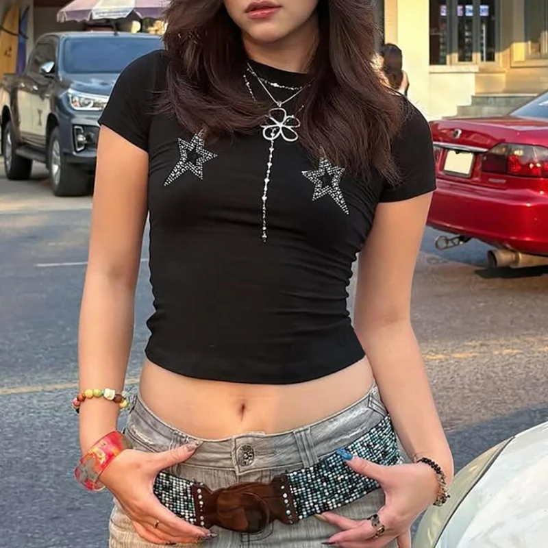 

Sexy Star Hotfix Rhinestone Bare Midriff Short T Shirt Women Short Sleeves Bottoming Shirt Ladies Tee Shirt Tops Camisetas Mujer
