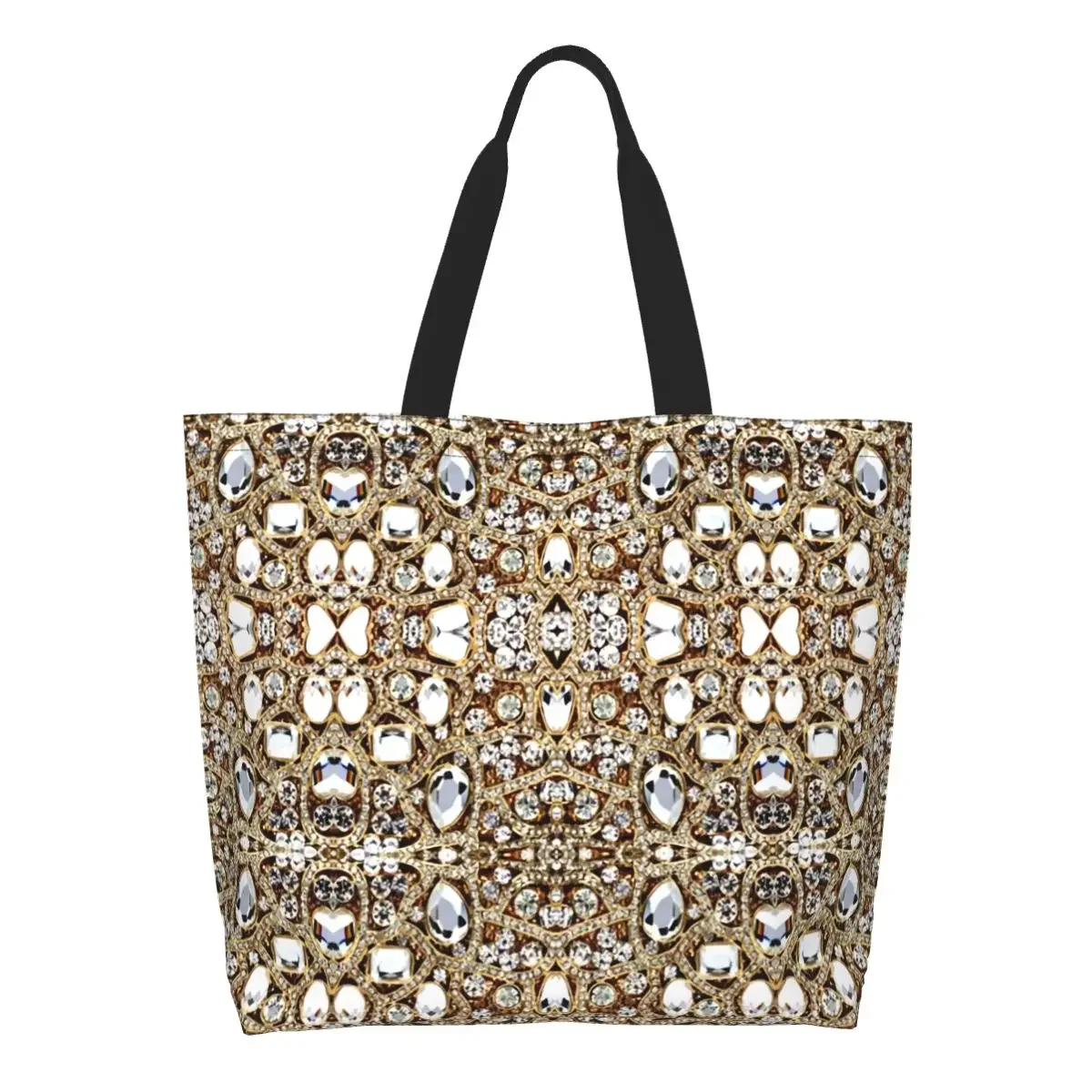 Jewelry Gemstone Silver Crystal Shopping Tote Bags Reusable Glitter Rhinestones Diamonds Groceries Canvas Shopper Shoulder Bag