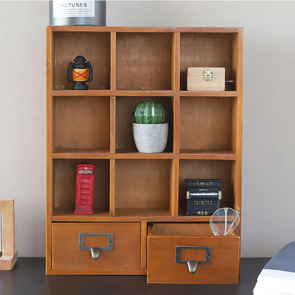 Wooden Display Cabinet, 9 Compartments 2 Drawers, Vintage Brown Finish, Wall Mount or Freestanding, for Collectibles